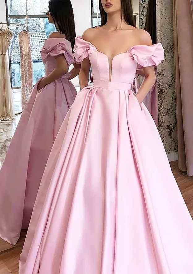 TingPo Wholesale A-line/Princess Off-the-Shoulder Short Sleeve Satin Long/Floor-Length Prom Dress With Pleated Pockets